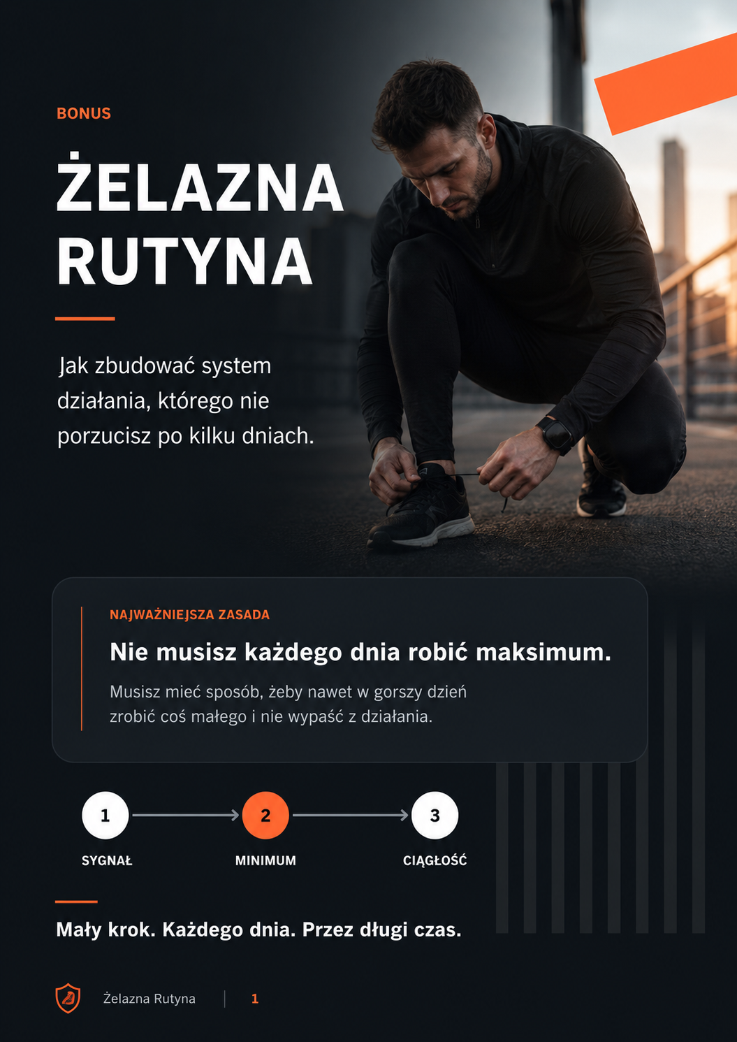 Grafika poradnika Żelazna Rutyna: osoba wiąże buty przed treningiem